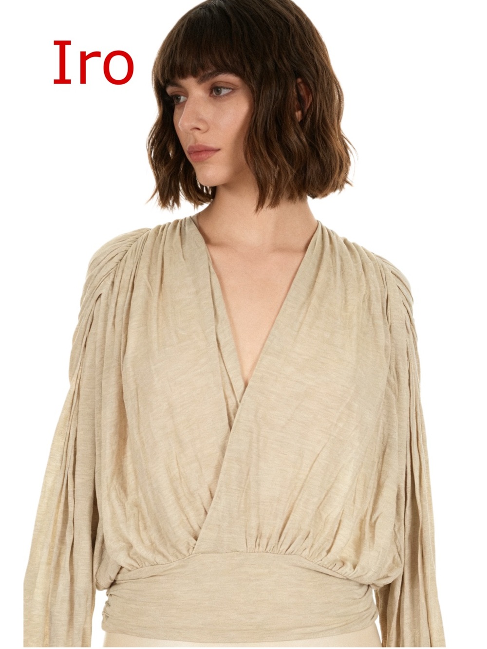 IRO 
Beige Draped V-Neck Blouse with Gathered Waist